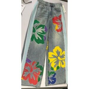 BDG Urban Outfitters Skater Baggy Wide Leg Jeans Painted Floral Size 27 NWT $119
